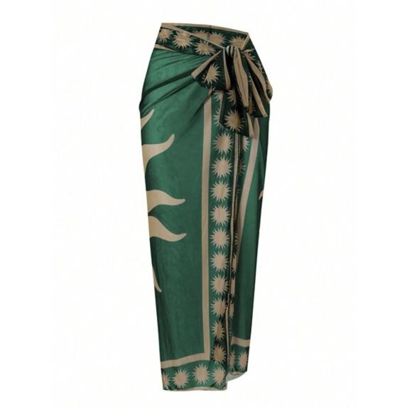 2pcs Women Solid Green Bandage Swimsuit & Net Printed Long Skirt Set - Picture 4 of 6